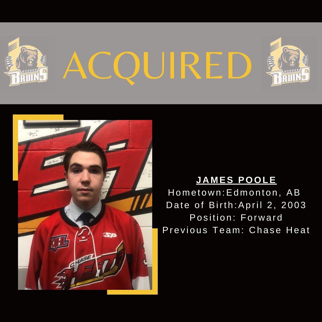 🚨PLAYER ACQUIREMENT🚨

The Grand Forks Border Bruins would like to welcome forward James Poole for the 2022/23 season. James joins us from the Chase Heat!

Welcome to Grand Forks James🐻

#grandforksborderbruins #grandforksbc #kijhlhockey #gfbb #thisisbearcountry #bearden #juniorbhockey #hockey #acquired
