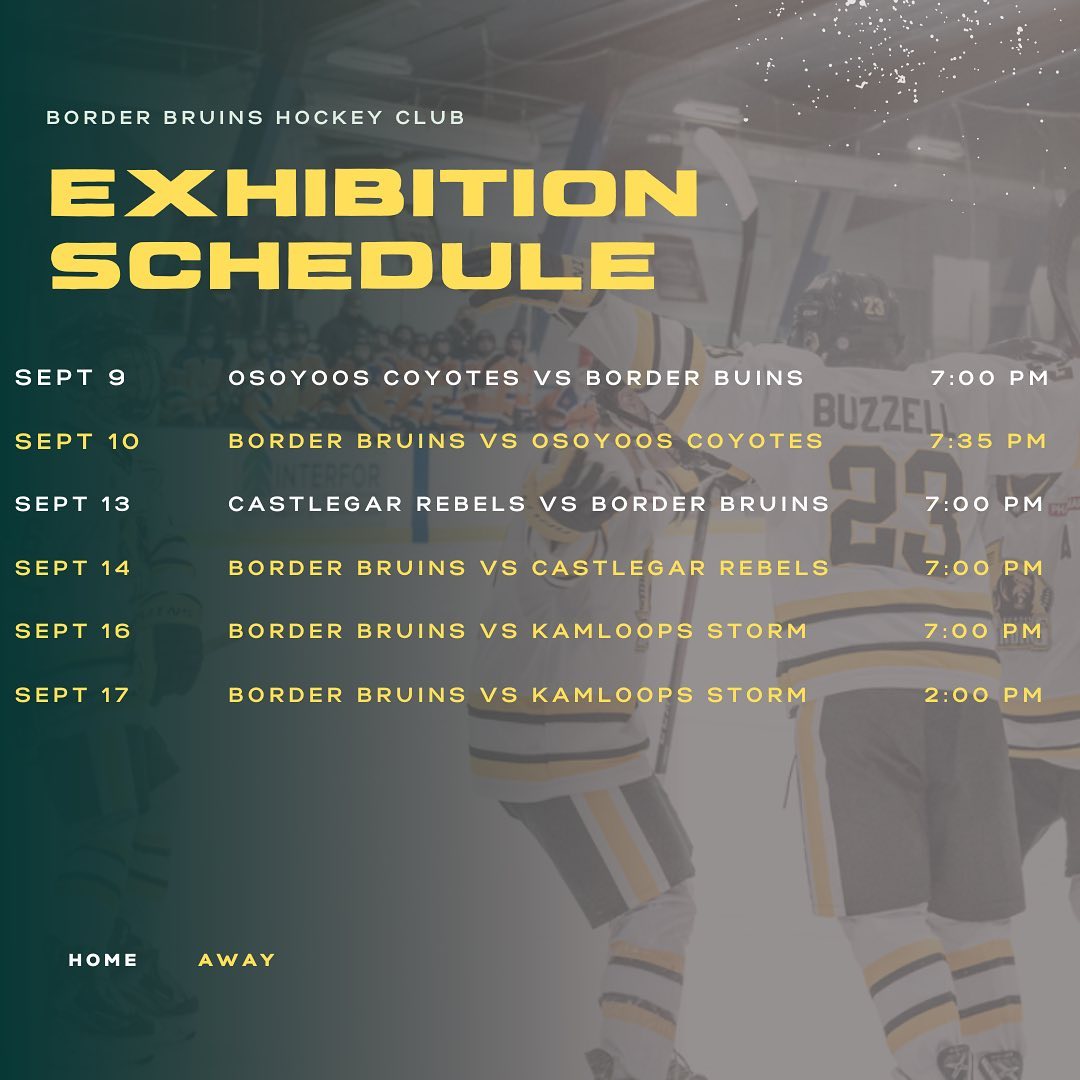 Anyone else excited for hockey to return?! 

Check out our 2022-2023 exhibition schedule! We kick off our return to the ice on Sept 9th vs. @osoyooscoyotes! 

The countdown is on until hockey season is back!

#borderbruins #bruins #bearwitness #kijhl #hockey #juniorbhockey  #juniorb #grandforks #grandforksbc #gobruins