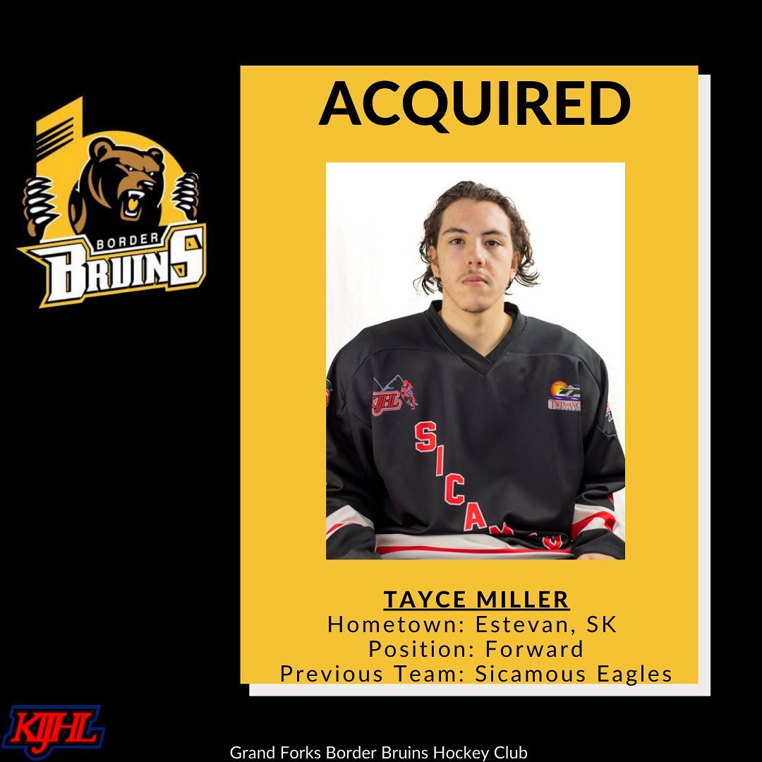 🐻PLAYER ACQUIREMENT🐻 

The Grand Forks Border Bruins would like to welcome forward Tayce Miller from the Sicamous Eagles in exchange for a player development fee! 

Welcome to the Bruins Tayce🏒

#grandforksborderbruins #grandforksbc #thisisbearcountry #bearden #gfbb #juniorbhockey #hockey #kijhlhockey #kijhl #juniorb #acquiredplayer #acquired
