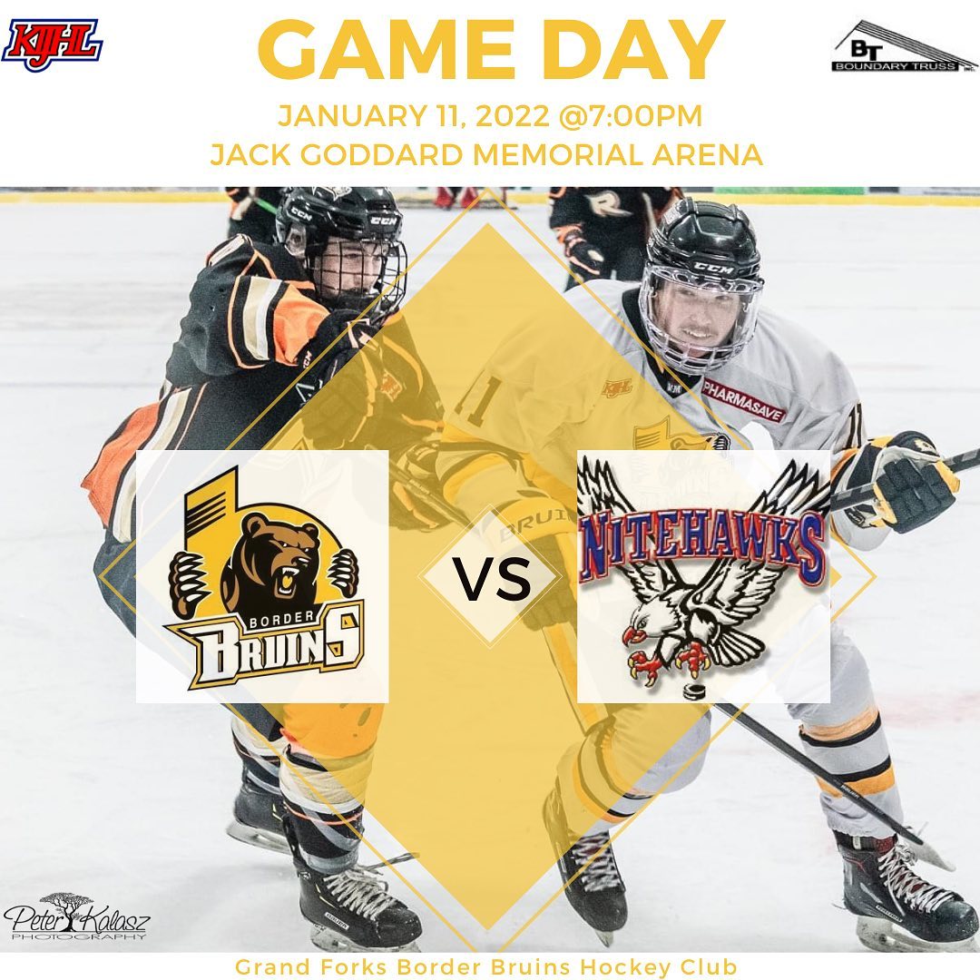 🚨GAME DAY🚨

The Bruins are back at home tonight and are taking on the Beaver Valley Nitehawks🐻

🏒PUCK DROPS AT 7:00PM🏒

Let’s pack the Jack this evening and cheer the boys on!! 

LETS GO BRUINS 

Tonight’s game is sponsored by Boundary Truss! 

#grandforksborderbruins #kijhlhockey #gfbb #thisisbearcountry #bearden #juniorbhockey #hockey #gameday #homegame #grandforksbc