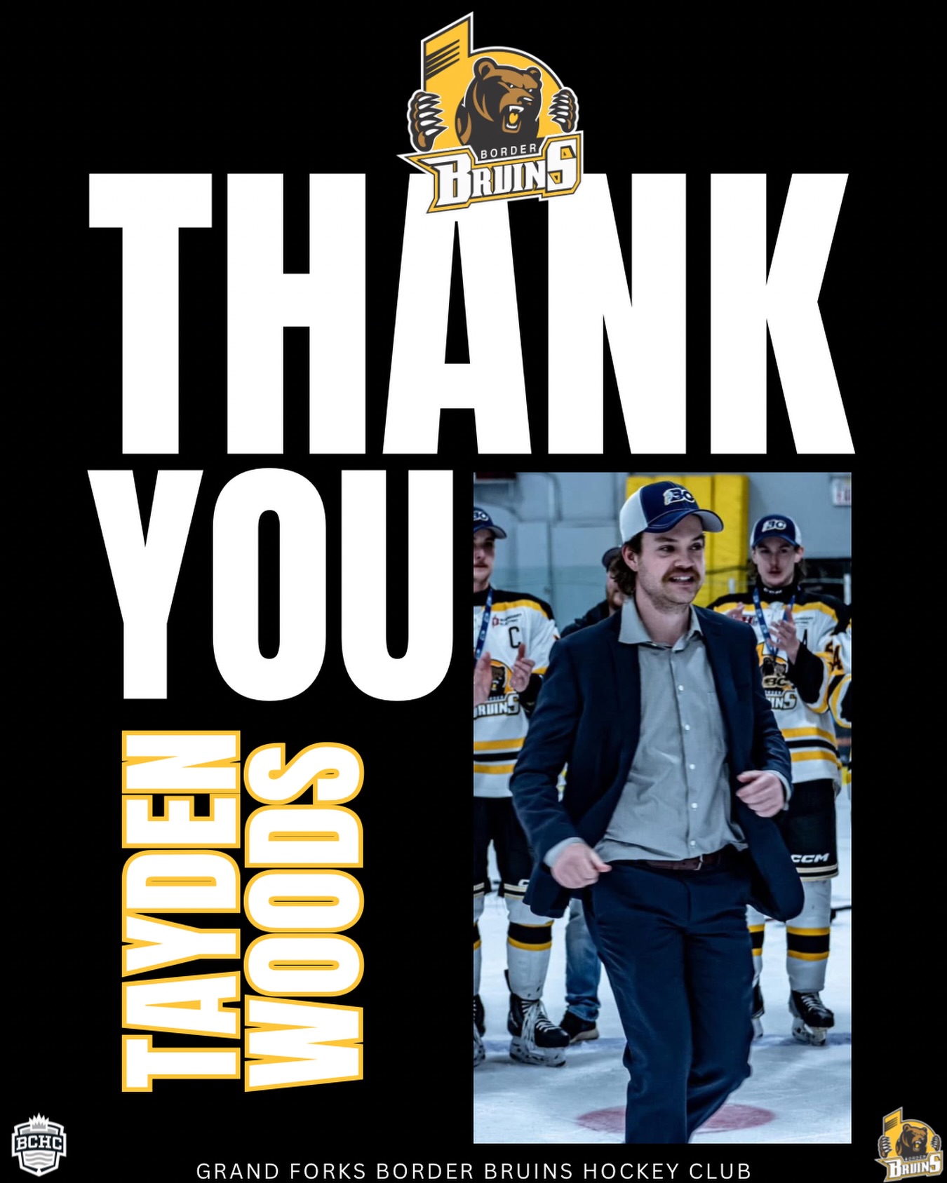 ❕A N N O U N C E M E N T❕

Thank you, Tayden, for all of your hard work and dedication over the past few years. Your commitment to the Border Bruins has made a lasting impact, and we’re grateful for everything you’ve done. Wishing you all the best as you begin this exciting new chapter with the Okanagan Warriors 17U AAA team! 

#grandforksborderbruins #grandforksbc #thisisbearcountry #bearden #bchchockey