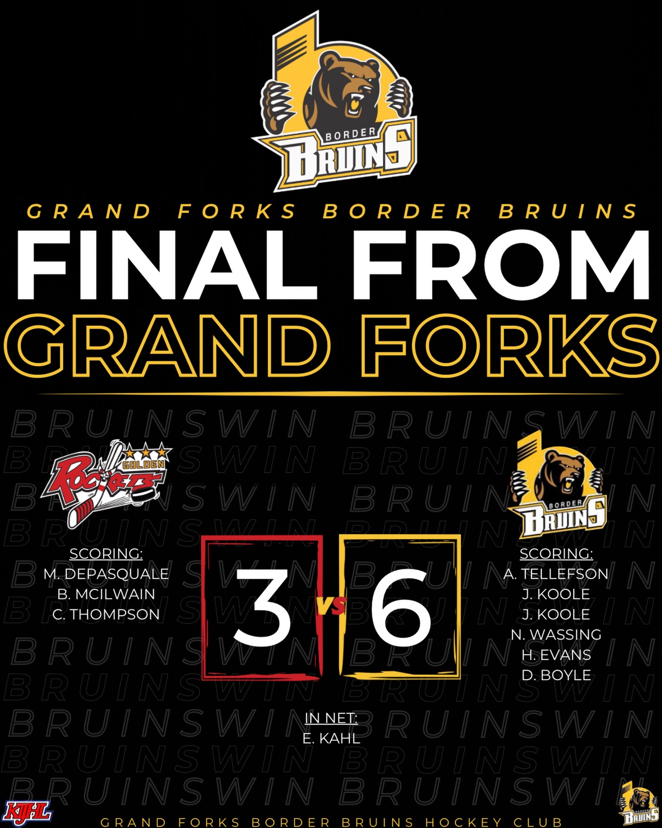 ‼️B R U I N S  W I N‼️

Your Border Bruins take the WIN tonight on home ice, 6-3 against the Golden Rockets!! 

Nice work tonight boys🐻

#grandforksborderbruins #grandforksbc #thisisbearcountry #bearden #juniorahockey